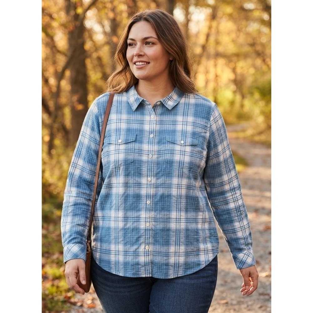 Eddie Bauer Plaid Button Up Long Sleeve Shirt Women's 2XL Blue Trek Trail Hiking